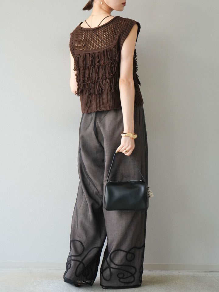 [SET]透かし編みフリンジニットトップス+コード刺繍チュールレイヤードパンツ(2set)