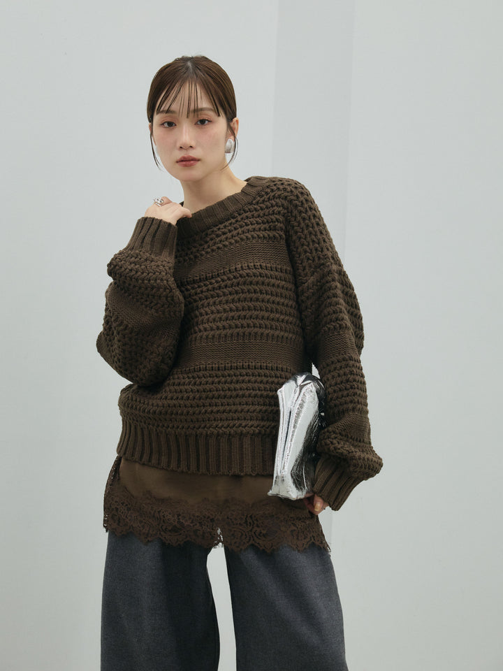 [予約]ライン編みニットプルオーバー/brown