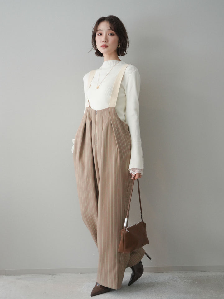 [SET]袖スカラップレースオフネックニットトップス+グログランテープストライプサロペット(2set)