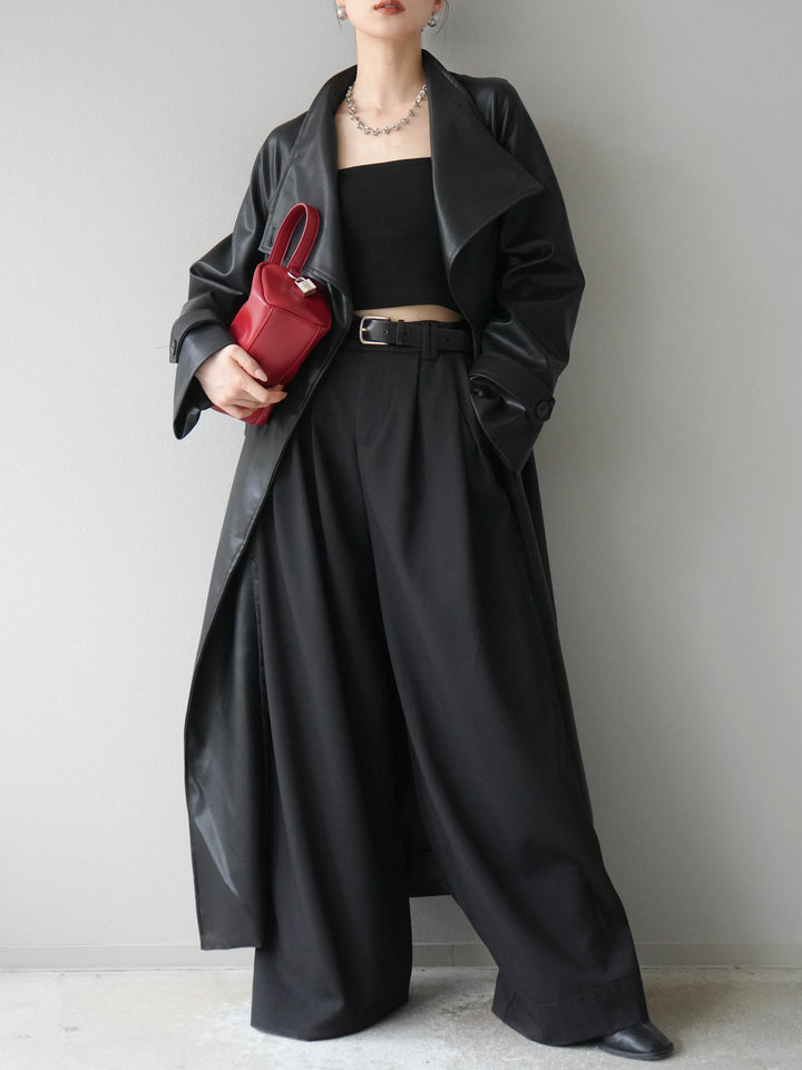 [予約]BIGカラーレザーロングコート/ブラック