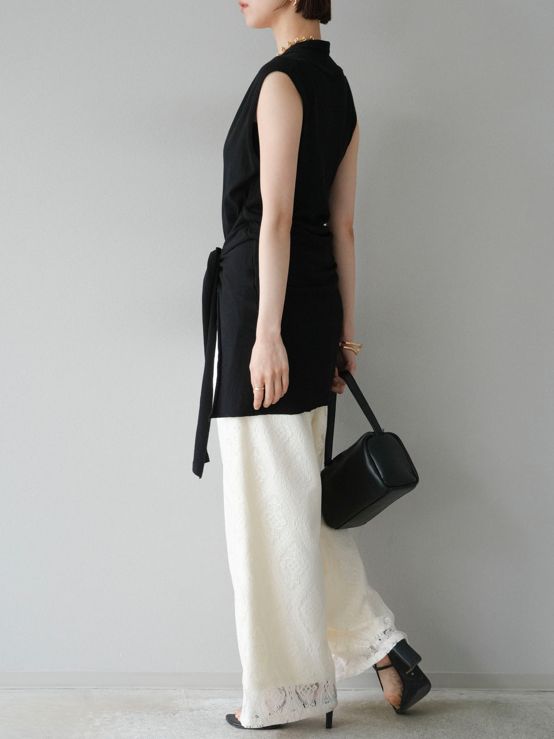 [SET]腰巻きデザインノースリーブニットカーディガン+レースタックイージーパンツ(2set)