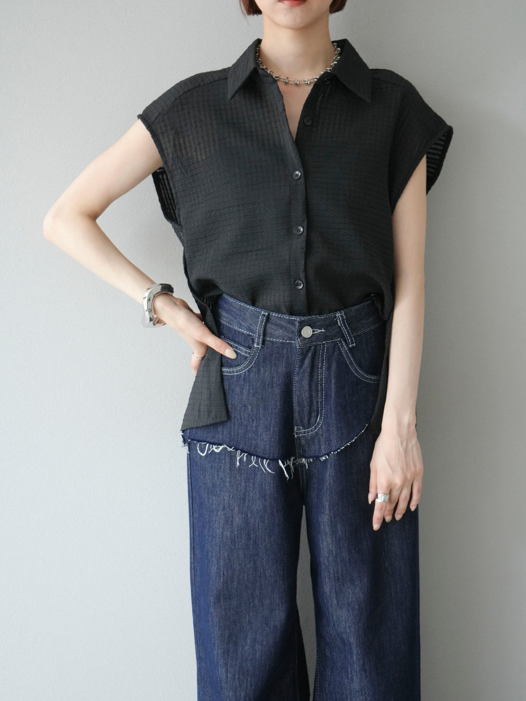 [SET] 透視格紋無袖襯衫 + 透視格紋無袖襯衫 (2 件套)