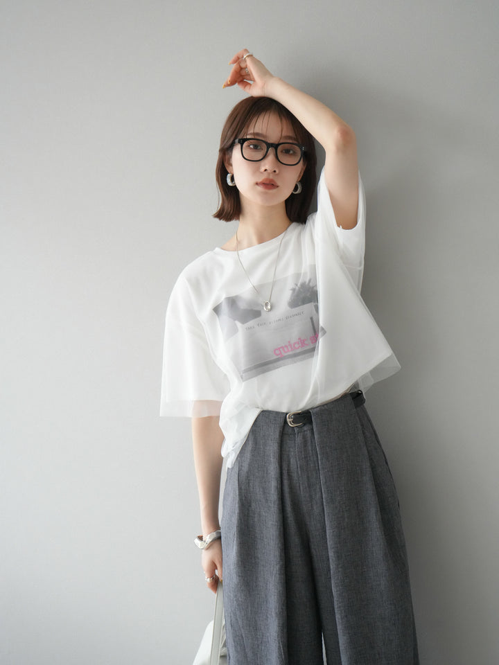 [予約]チュールドッキングフォトTシャツ/オフホワイト×ピンク