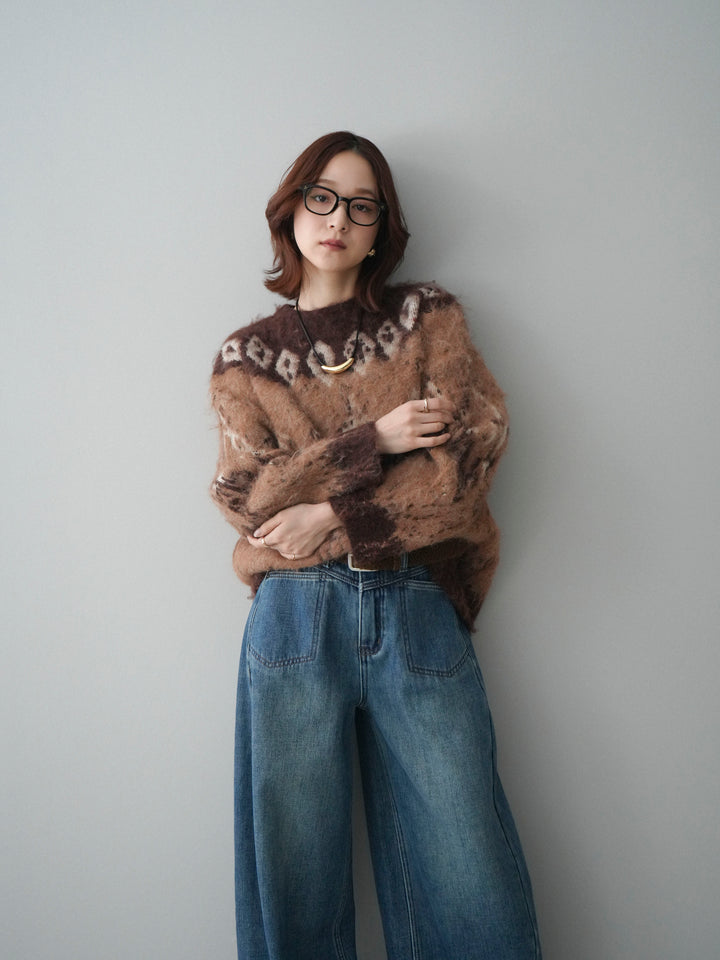 [SET]シャギーニュアンス柄ニットプルオーバー+ベルト付裏起毛カーブデニムパンツ(2set)