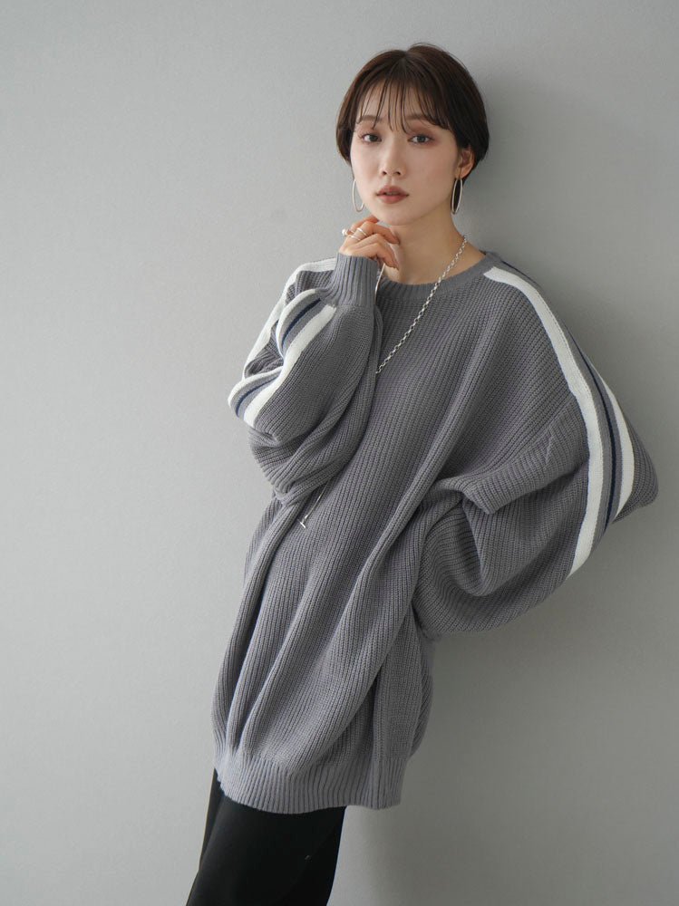 [Pre-order] Line sleeve shoulder rib knit pullover/gray