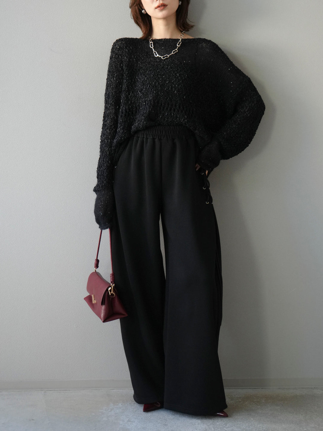 [予約]ミックスヤーンデザイン編みメッシュニットプルオーバー/ブラック