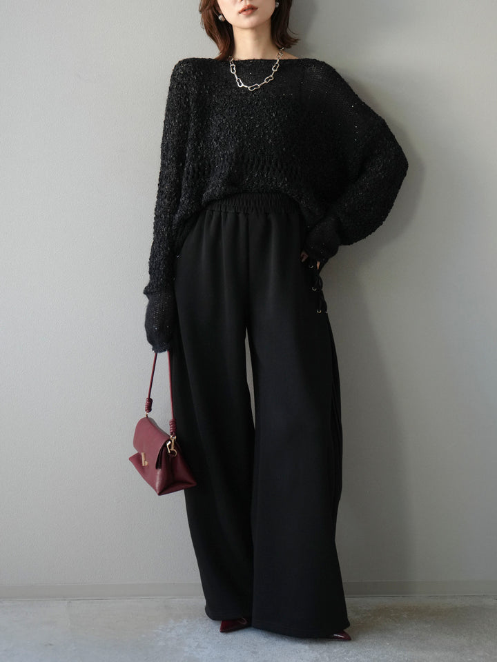 [予約]ミックスヤーンデザイン編みメッシュニットプルオーバー/ブラック