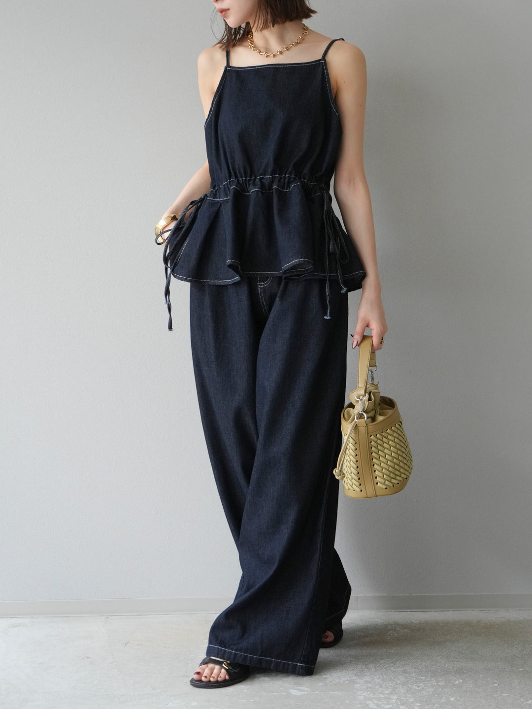 [SET]デニムタックフレアキャミソール＆イージーワイドパンツSET UP(2set)