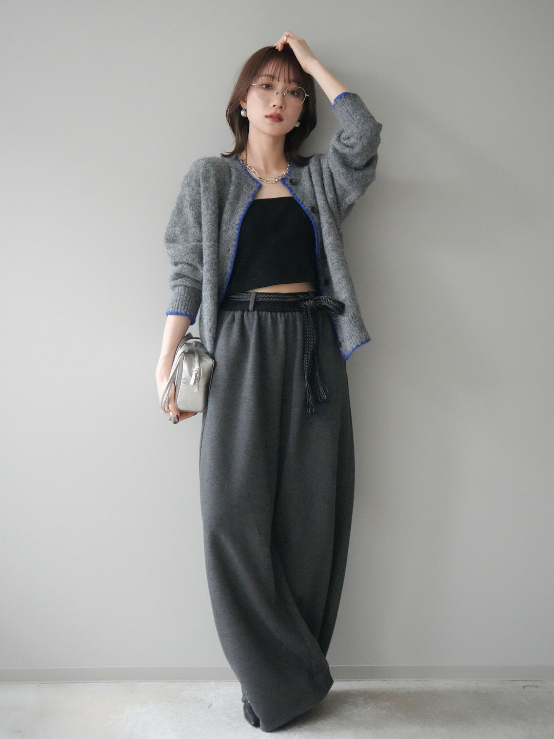 [予約]編み込みベルト付きウエスト配色スエットパンツ/gray