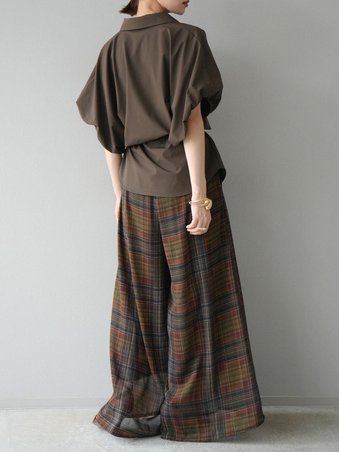 [預購] 透視格紋寬鬆褲/棕色