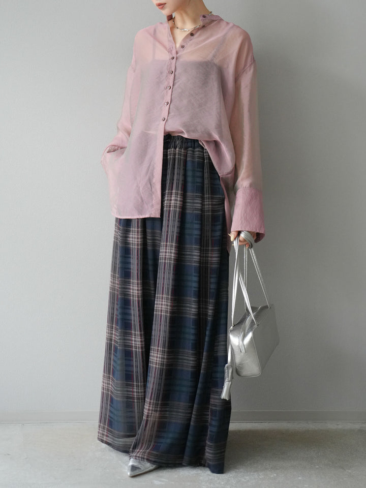 [SET] 亮面透視立領襯衫 + 透視格紋寬鬆褲 (2 件套)