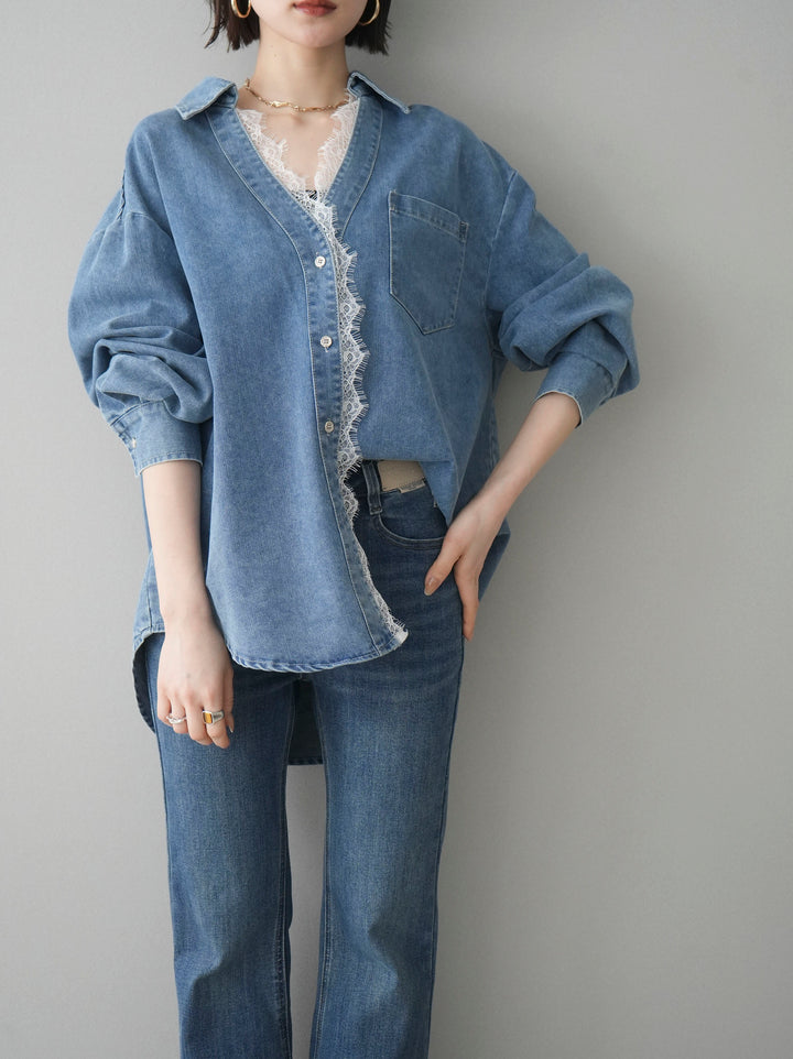 [SET]レースレイヤードデニム開襟シャツ+フリンジデザインセミフレアデニム(2set)
