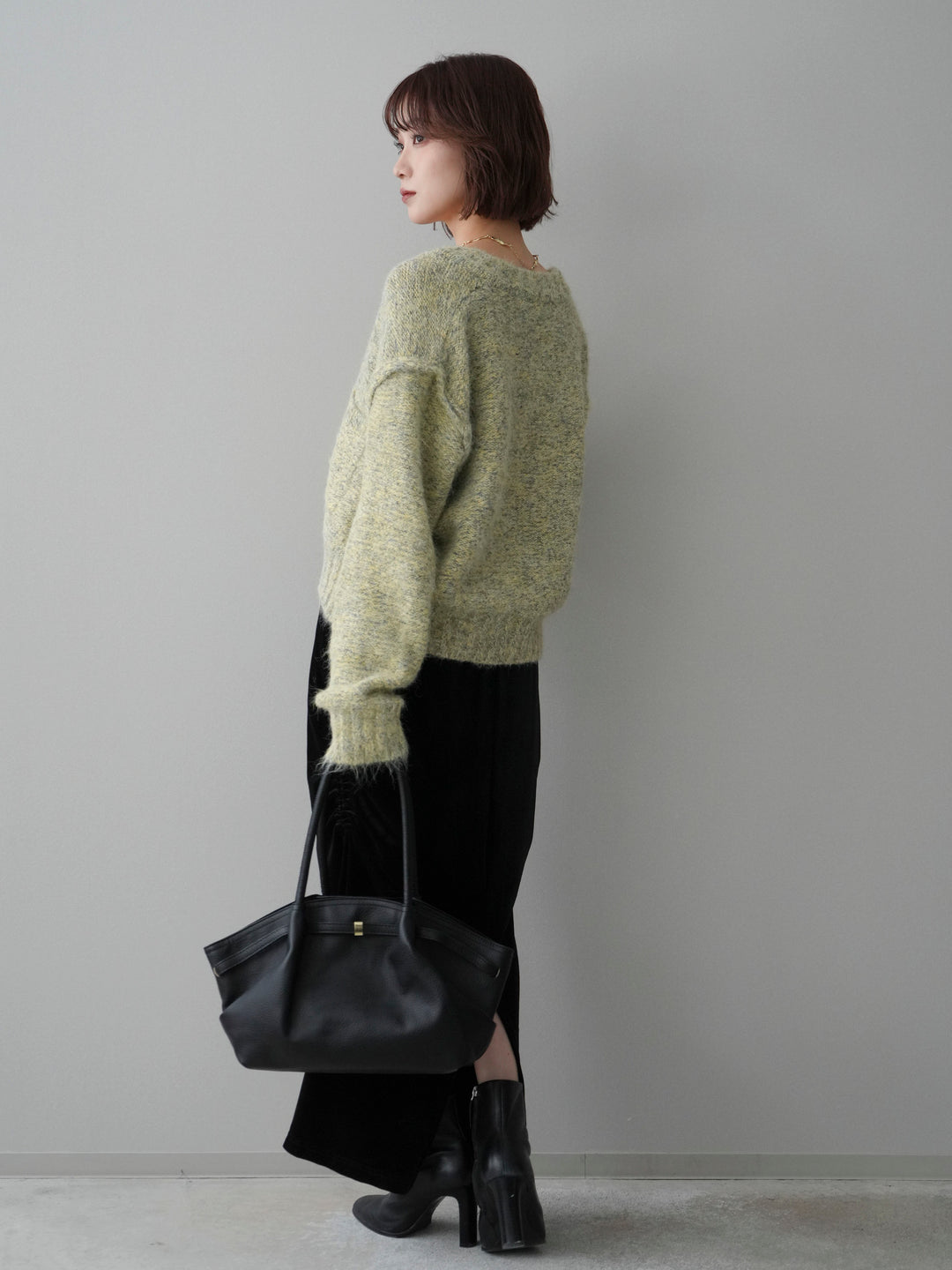 [SET]ミックスヤーンダブルZIPニットカーディガン+ギャザーベロアスカート(2set)