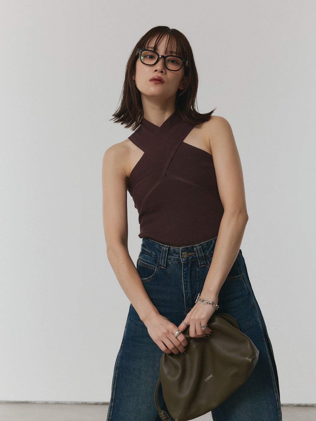 [予約]クロスリブニットタンクトップ/ブラウン
