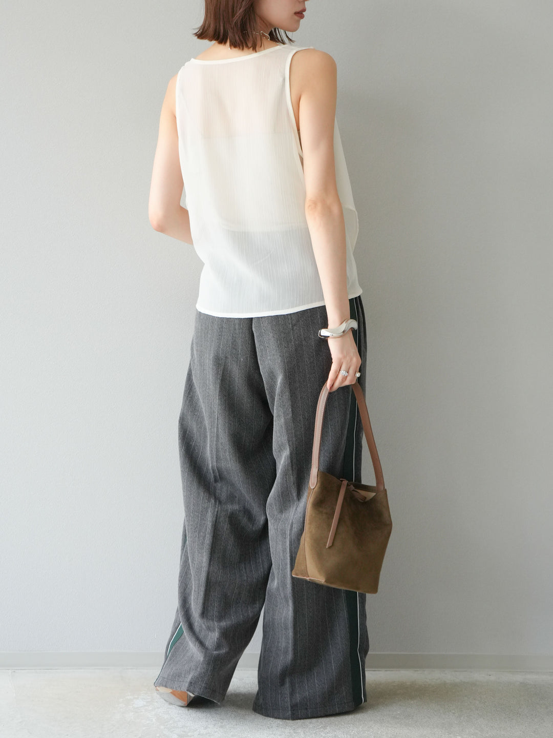 [予約]サイドラインストライプワイドパンツ/チャコール