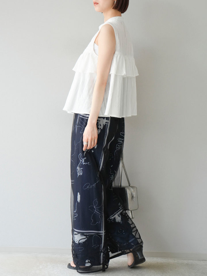 [SET]コード刺繍チュールレイヤードパンツ+ペイント柄タックパンツ(2set)