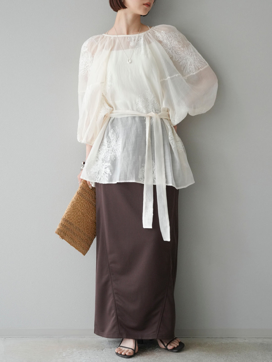 [SET]刺繍シアーバルーンスリーブブラウス+スウェットロングスカート(2set)