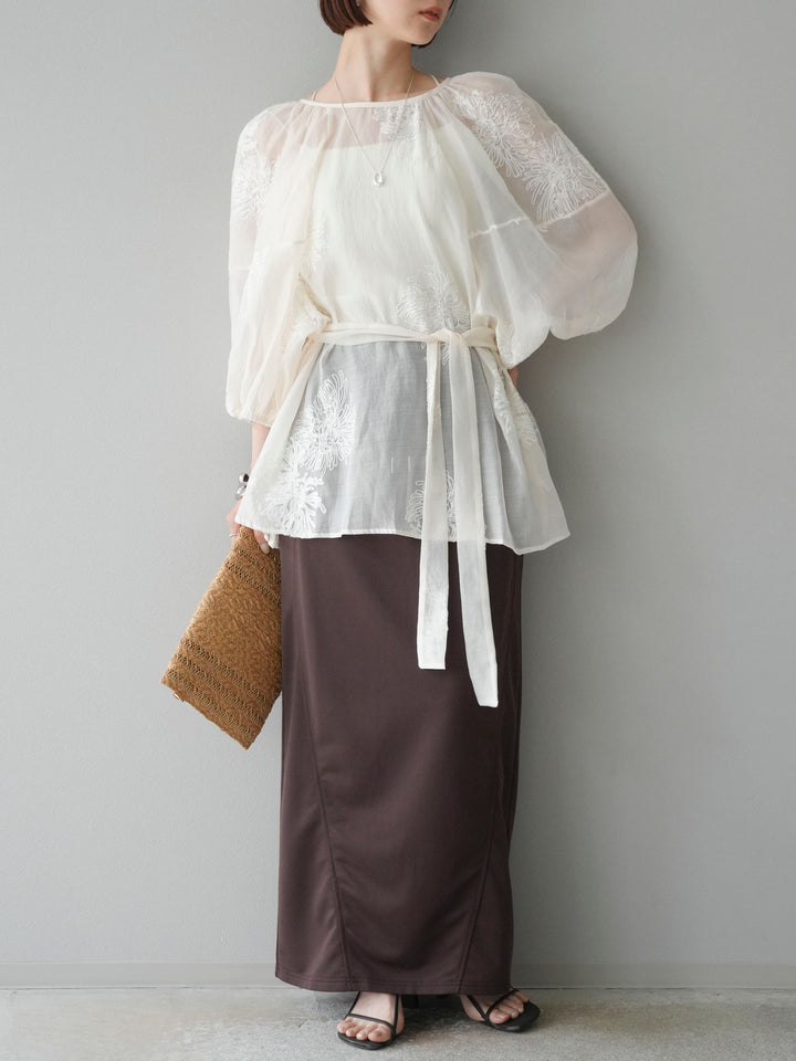 [SET]刺繍シアーバルーンスリーブブラウス+スウェットロングスカート(2set)