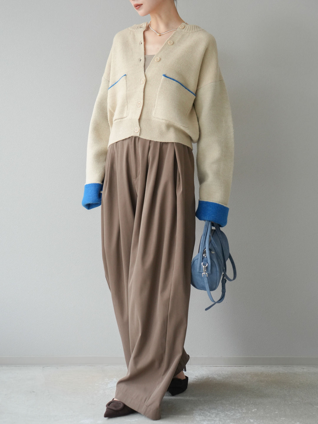 【SET】雙色針織開襟衫+褶襉設計寬褲（2套）