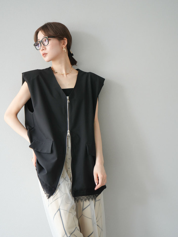 [預購] 雙拉鍊蕾絲下擺背心/黑色