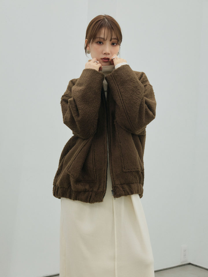 【Allure】[SET]ボトルネックルーズニットワンピース+スタンドカラーシャギーフライトジャケット(2set)