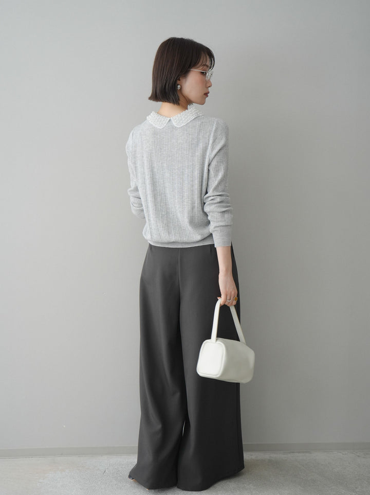 [SET]ビジュー襟パールボタンニットカーディガン+編み込みベルト付タックワイドパンツ(2set)
