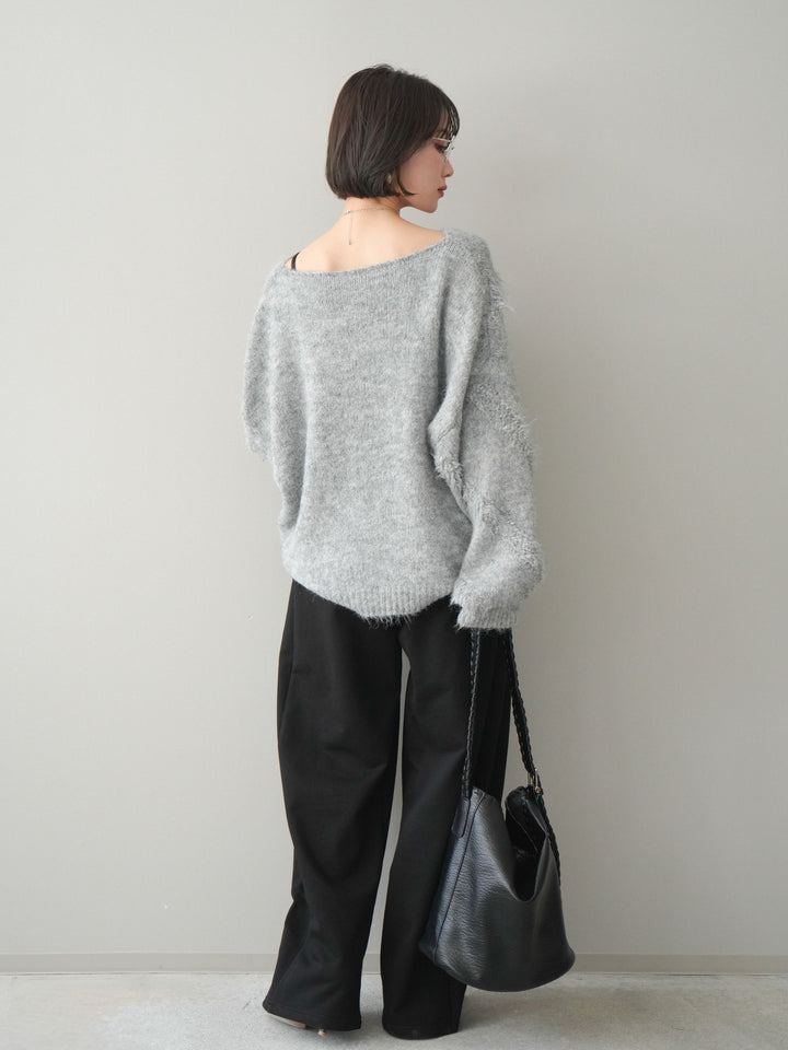 [SET]シャギーデザインニットプルオーバー+裾ZIPスエットワイドパンツ(2set)