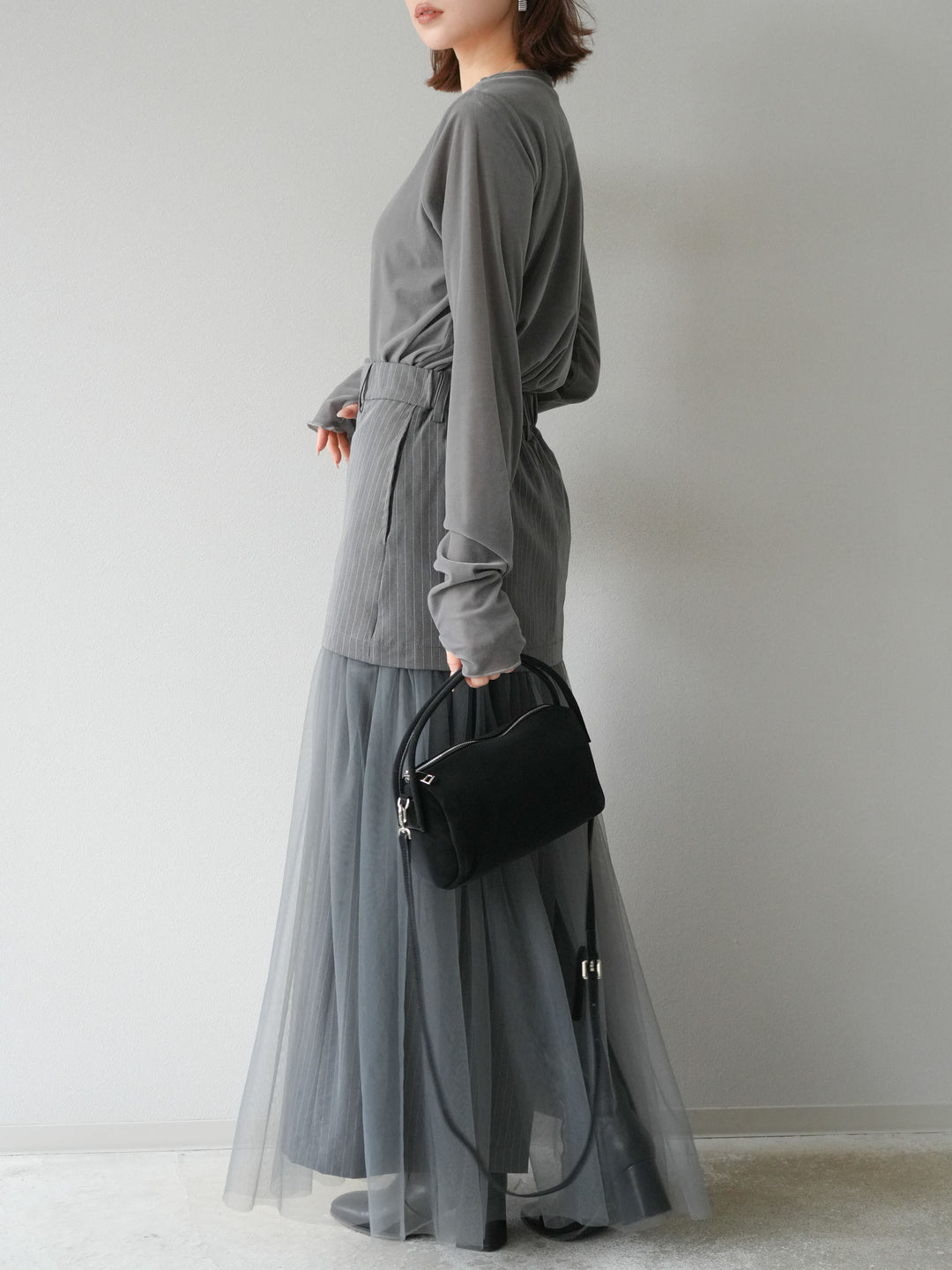 [予約]ストライプ切替チュールスカート/グレー