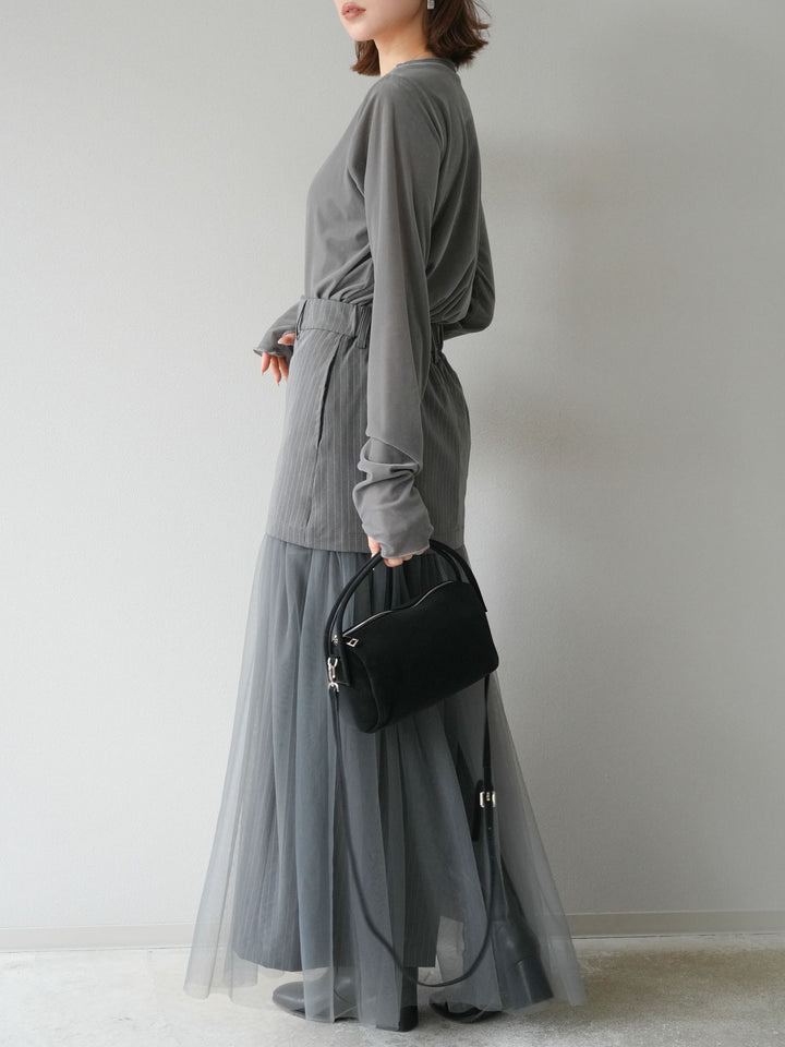 [予約]ストライプ切替チュールスカート/グレー