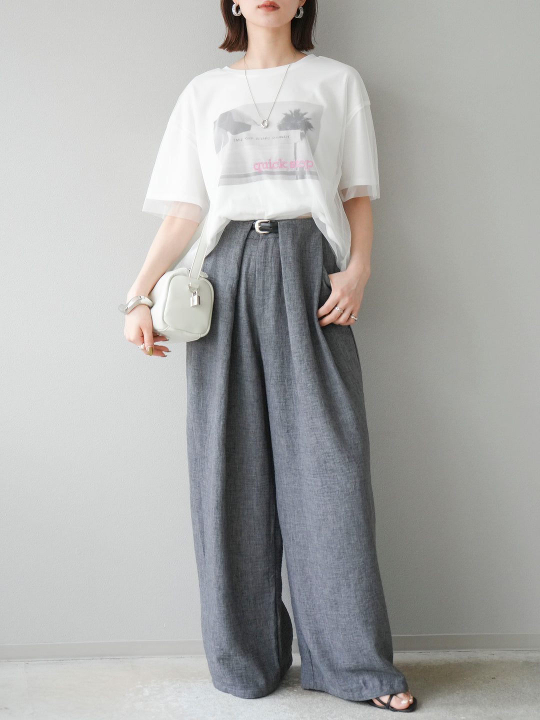 [予約]リネンライクベルト付タックループワイドパンツ/ブラック