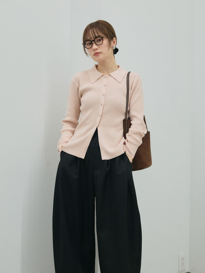 【Allure】[SET]くるみボタンポロリブニットトップス+モックスカルゼサイドタックコクーンパンツ(2set)