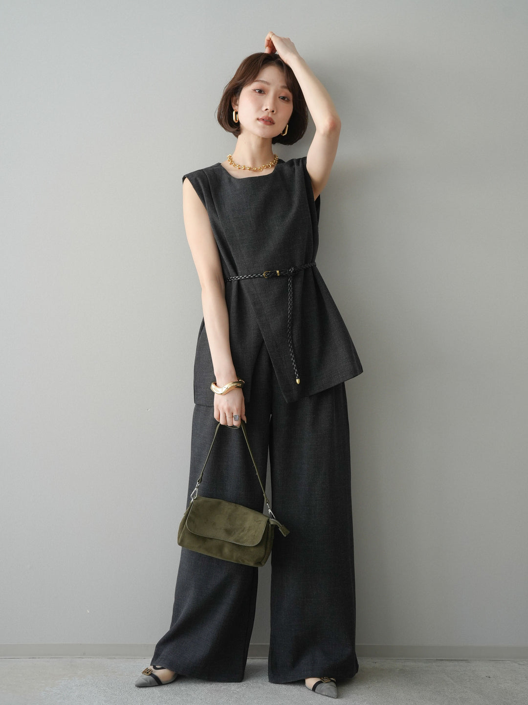 [SET]ベルト付ノースリーブトップス＆ワイドパンツSETUP