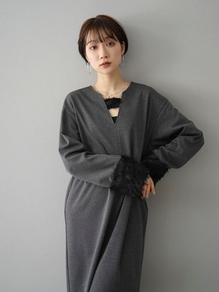 [Pre-order] Fringe jacquard switching dress/charcoal