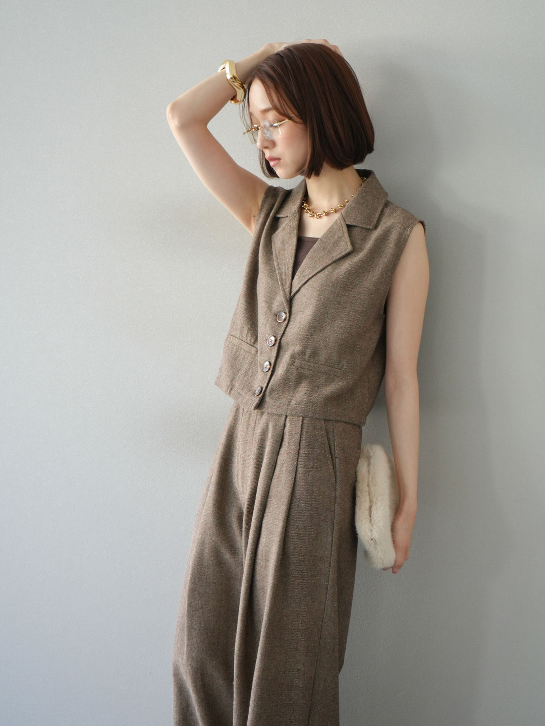 [予約]ツイードタッチテーラードジレ/ブラウン