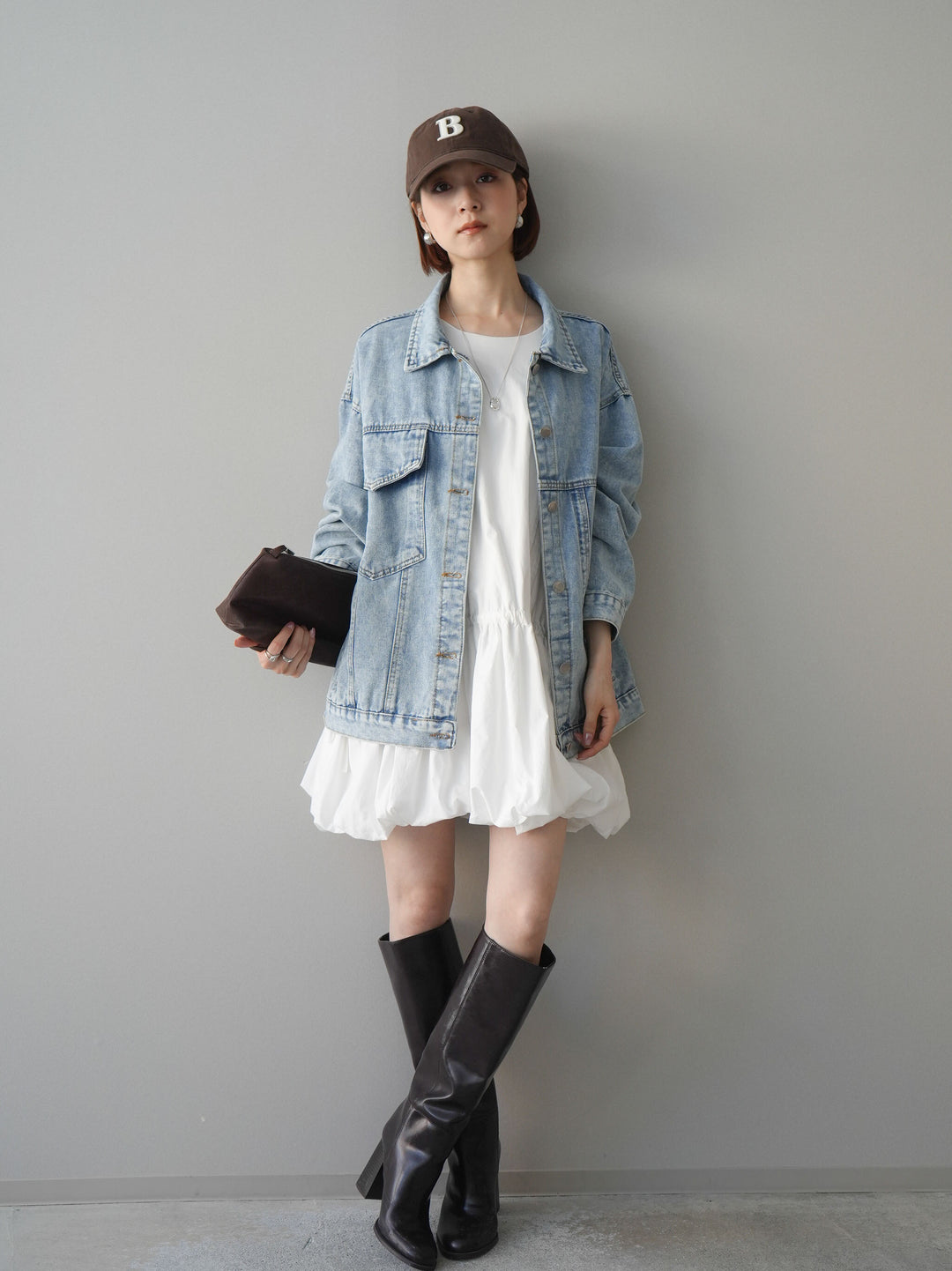 [SET]ノースリバルーンミニワンピース+デザインBIGポケットオーバーデニムジャケット(2set)