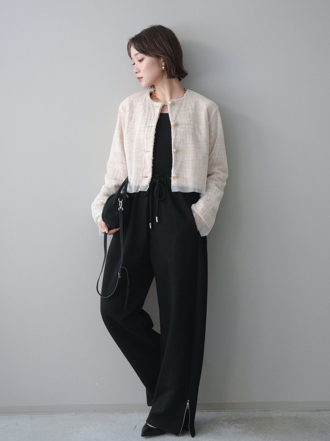 [SET]チュールレイヤードツイードクロップドジャケット+裾ZIPスエットワイドパンツ(2set)