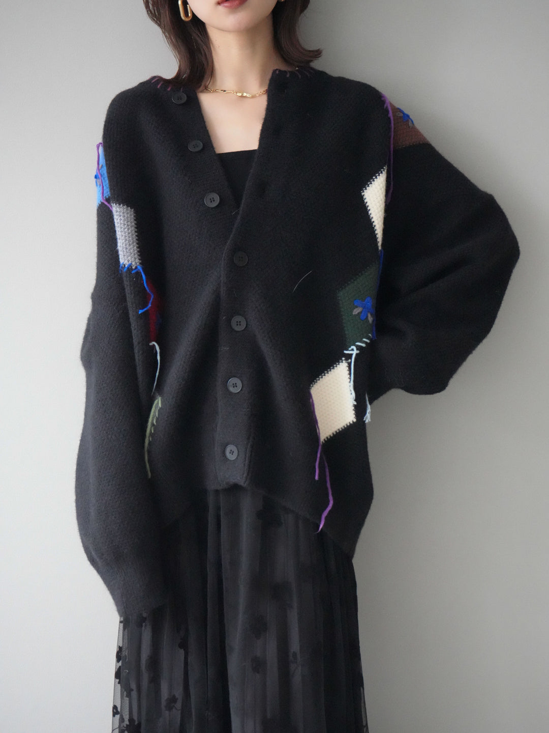 [SET]ハンドステッチアーガイルデザインニットカーディガン+選べるアクセセット(2set)