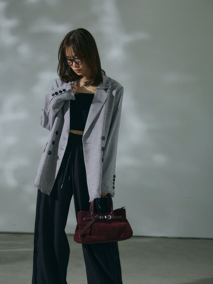 【Allure】[SET]スラブツイードフリンジテーラージャケット+サイドピンタックレースイージーワイドパンツ(2set)