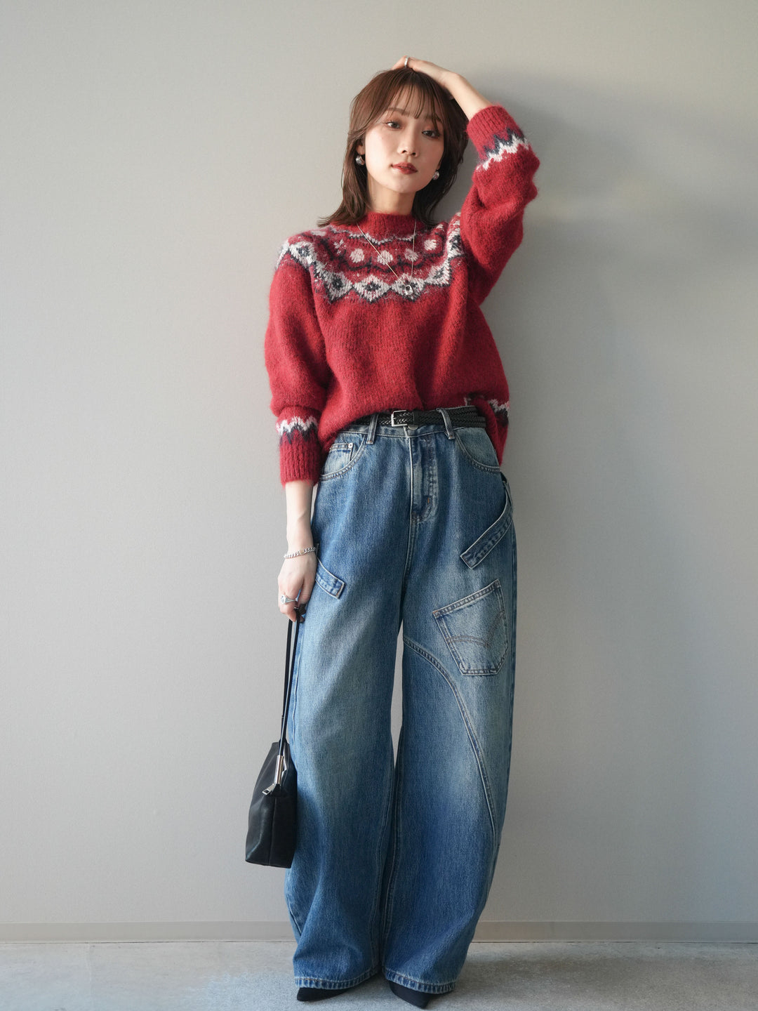 [SET]ソフトタッチ求心柄ニットプルオーバー+ペインターカーブデニムパンツ(2set)