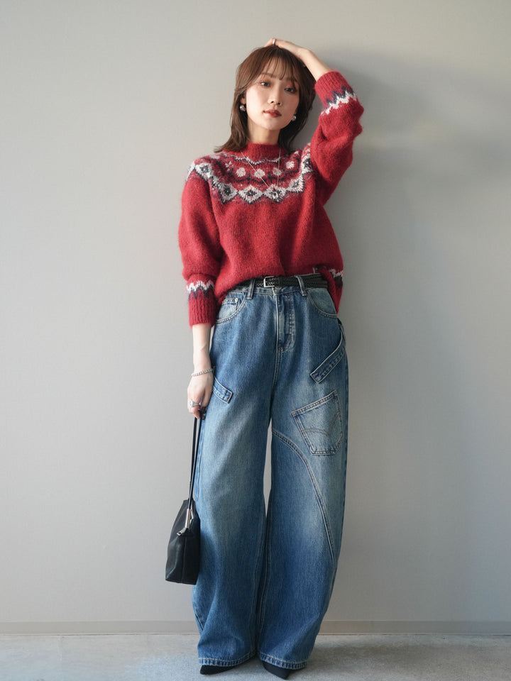 [SET]ソフトタッチ求心柄ニットプルオーバー+ペインターカーブデニムパンツ(2set)