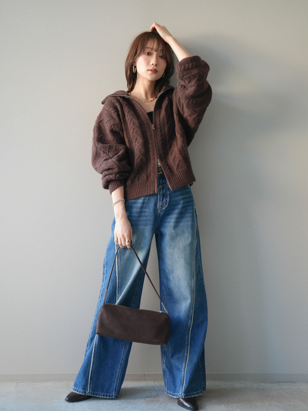 [SET]ケーブル編みハイネックZIPニットカーディガン+サイドフリンジワイドデニムパンツ(2set)