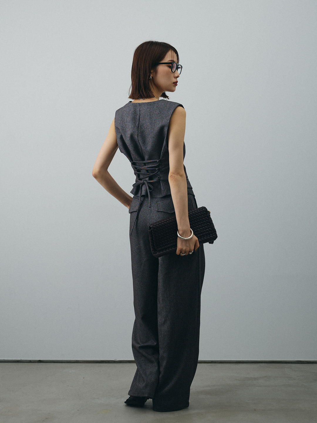 [SET]フラワーモチーフレースアップジレ＆ベルト付ワイドパンツSET UP(2set)