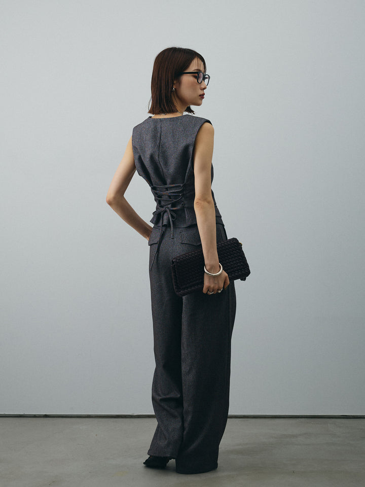 [SET]フラワーモチーフレースアップジレ＆ベルト付ワイドパンツSET UP(2set)