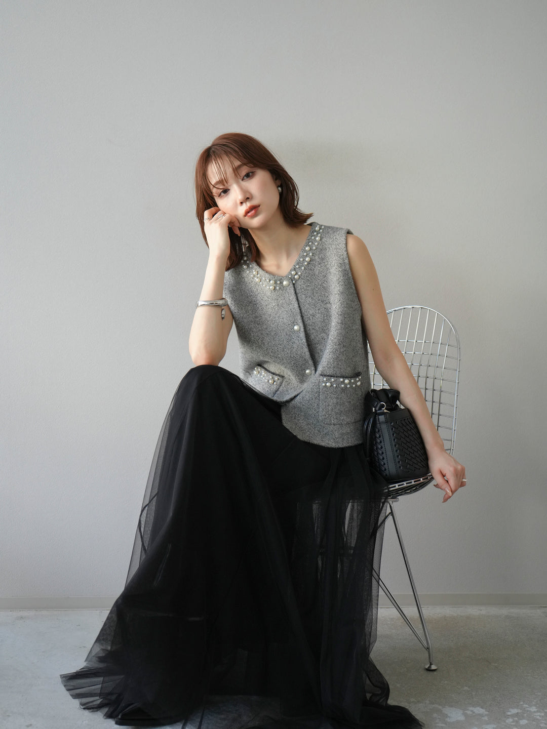 [予約]パールデザインツイードライクニットベスト/グレー