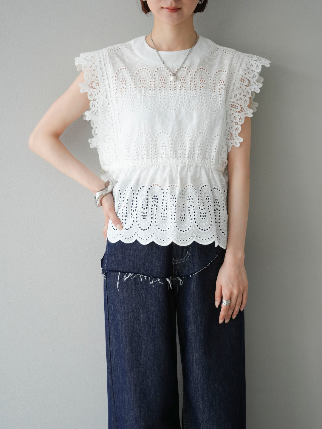 [SET]スカラップ刺繍レースブラウス+スカラップ刺繍レースブラウス(2set)