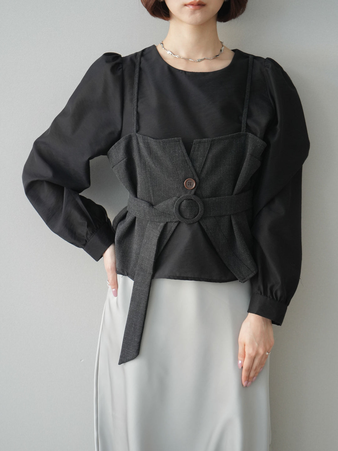 [SET]異素材ビスチェドッキングブラウス+センターシームフレアパンツ(2set)