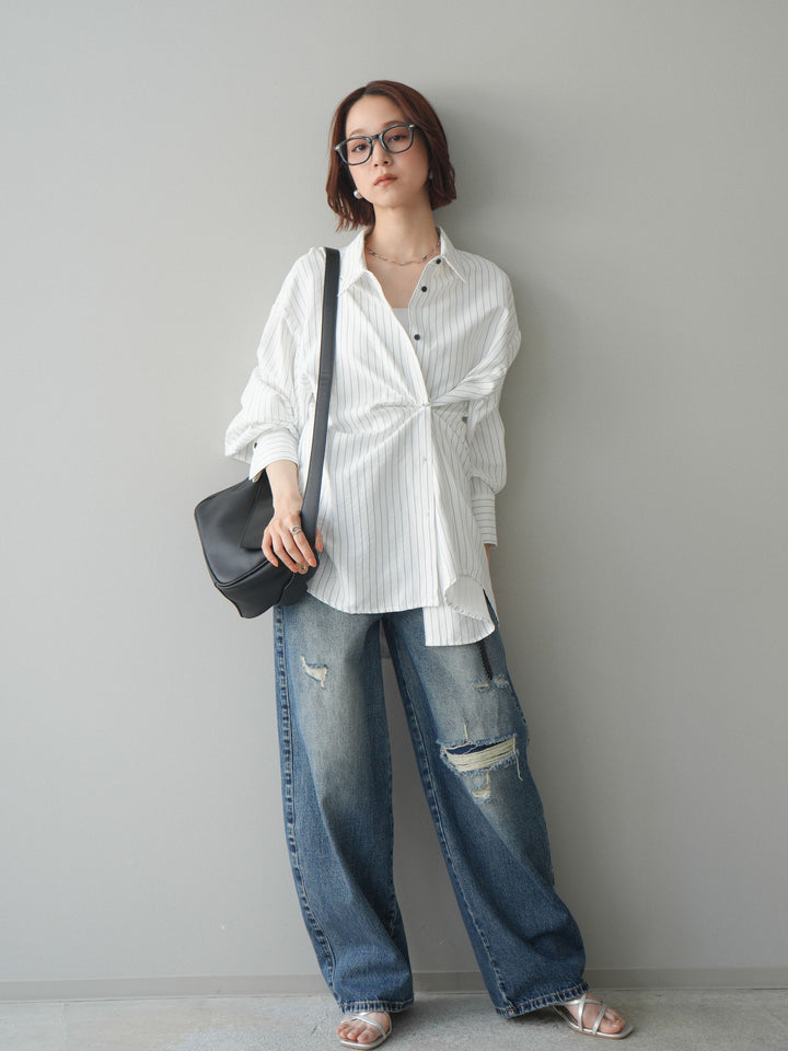 【套裝】雙向裹身條紋襯衫+破洞牛仔半闊腿褲（兩件套）