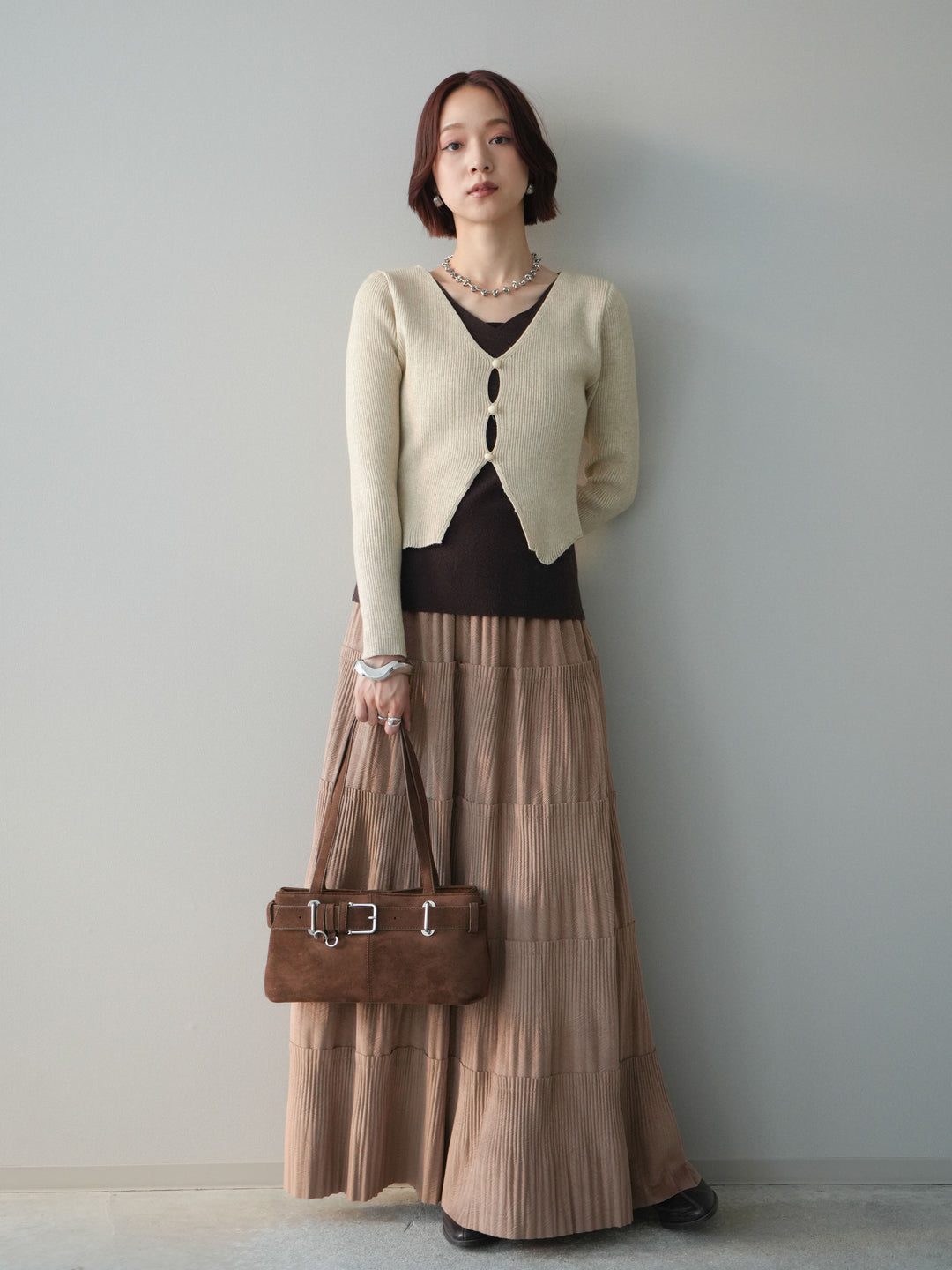 [予約]型押しスエードティアードプリーツスカート/beige