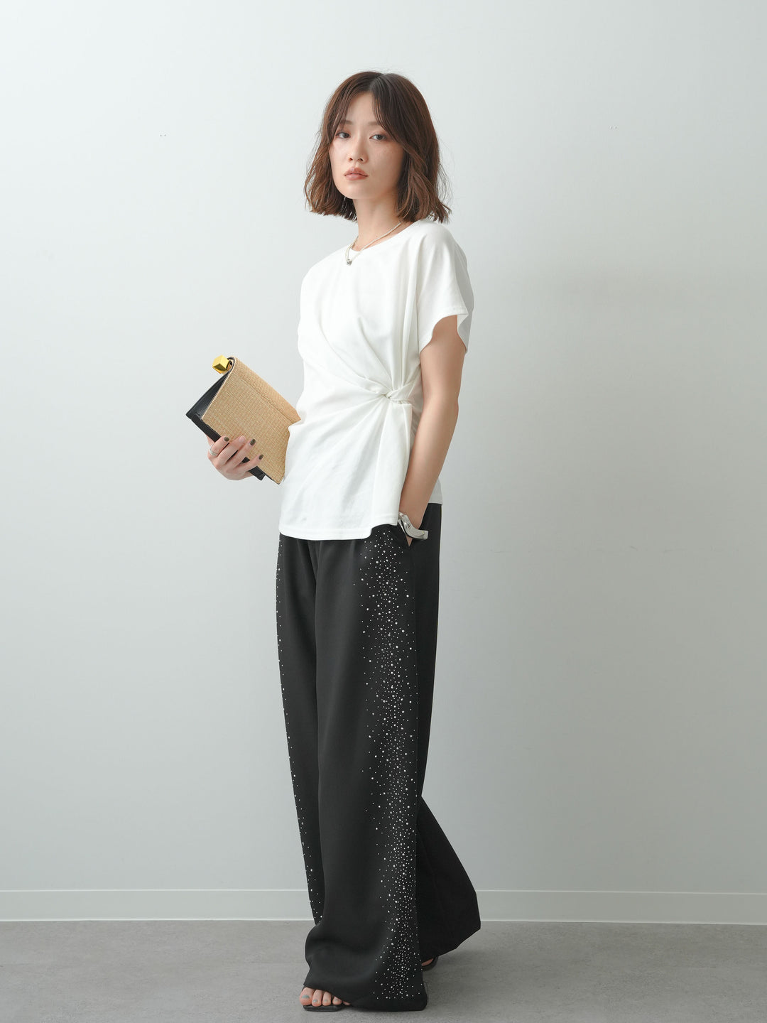 [SET]サイドノットTEE+ポーチベルト付サイドビジュータックワイドパンツ(2set)