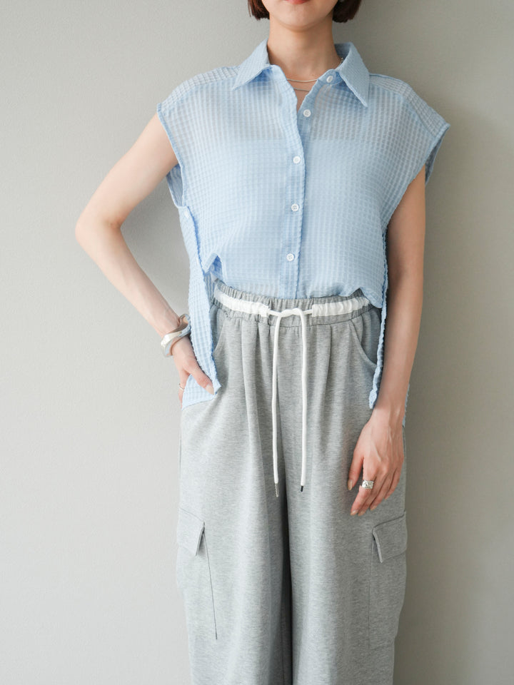 [予約]シアーチェックノースリーブシャツ/ライトブルー